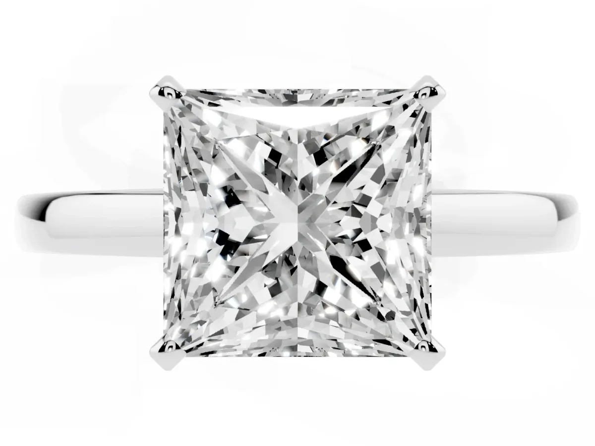 Princess Cut Solitaire Diamond Engagement Ring with Four-Prong Setting on a Classic Band Silver