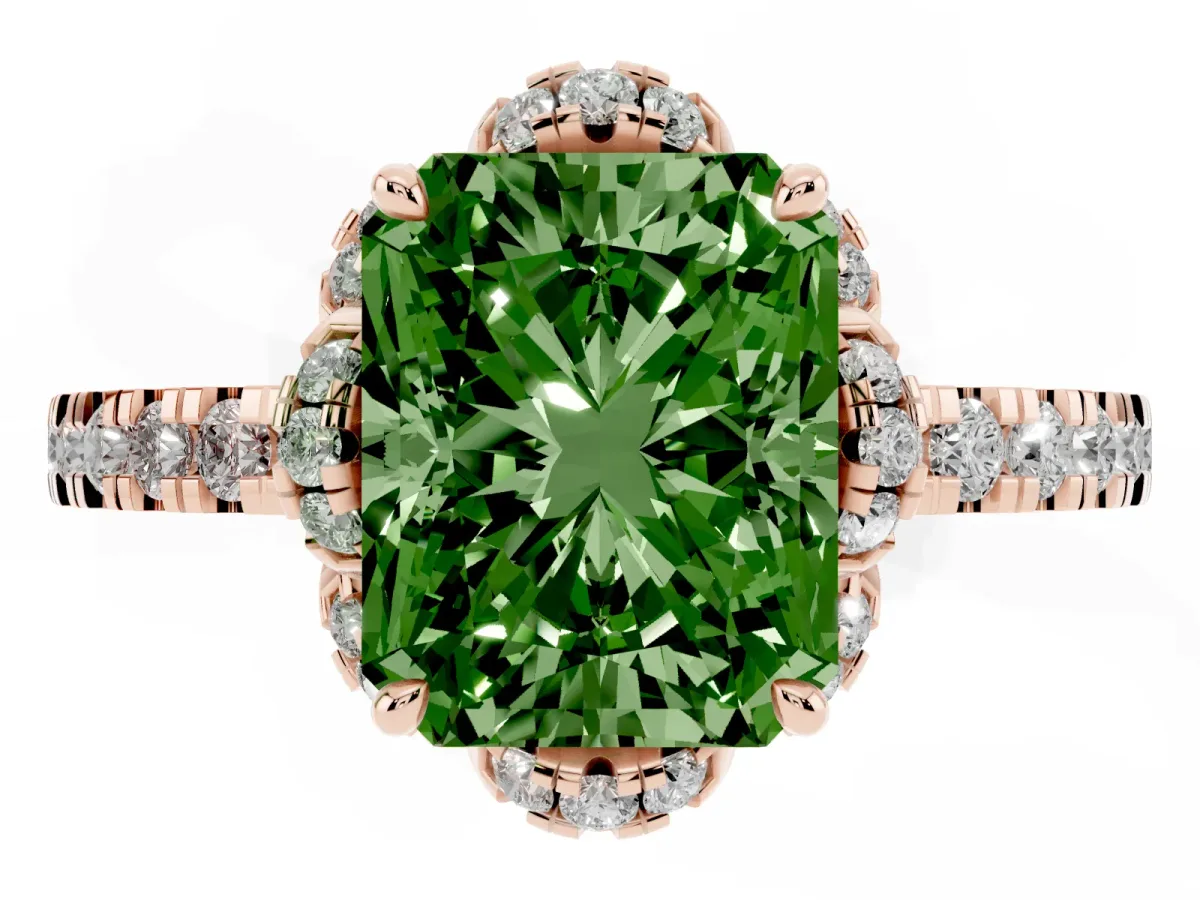 Fancy Green Radiant Cut Diamond Halo Pave Band with Four-Prong Setting Rose gold