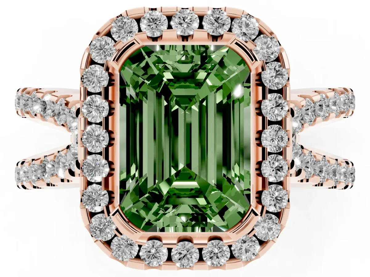 Fancy Green Emerald Cut Diamond Halo Ring with Split Shank Pavé Band and Prong Setting Rose gold