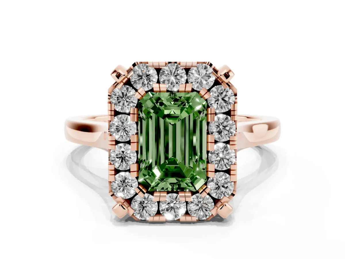 Fancy Green Emerald Cut Diamond Cluster Halo Solitaire with Four-Prong Setting Rose gold