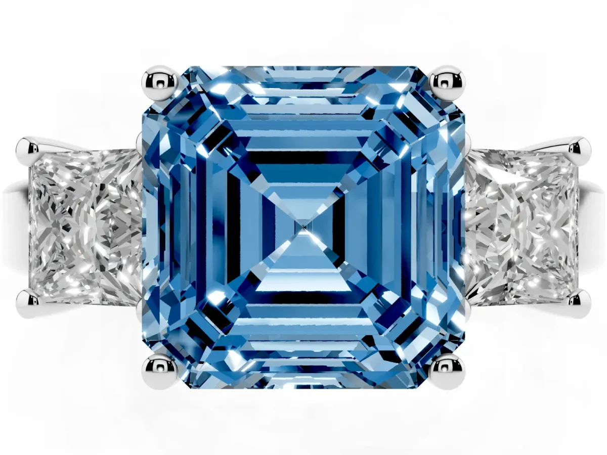 Fancy Blue Three-Stone Asscher Cut Cut Solitaire Ring with Prong Setting Platinum
