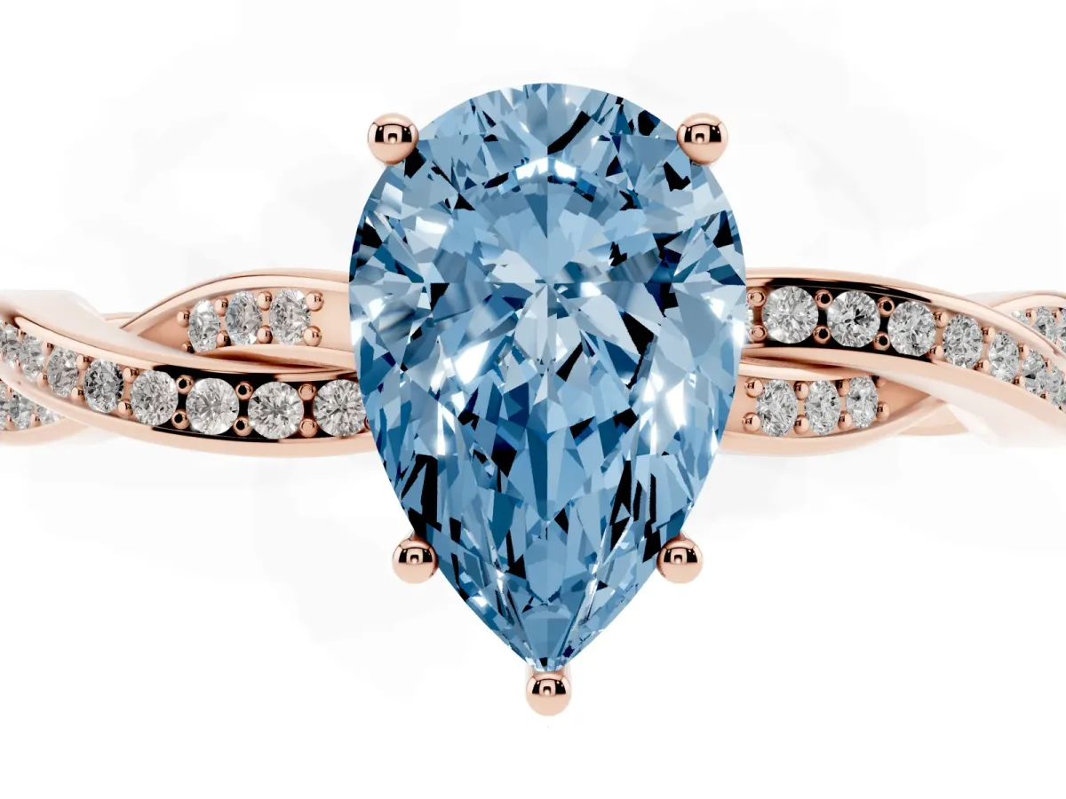 Fancy Blue Pear Cut Solitaire Twisted Pave Diamond Ring with Four-Prong Setting Rose gold