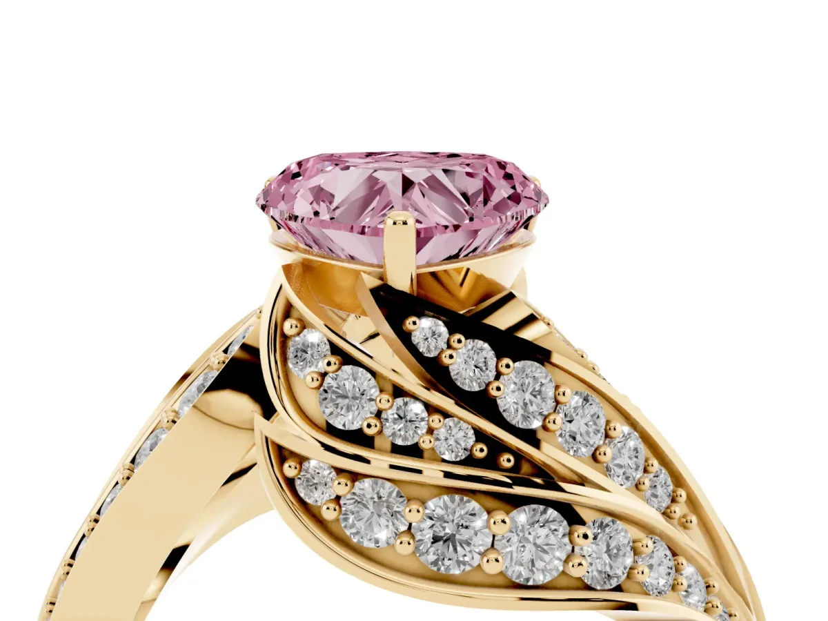 Fancy Pink Heart Cut Diamond Solitaire Ring with Prong Setting and Twisted Pavé Band Yellow gold