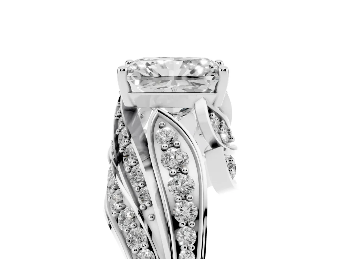 Radiant Cut Diamond Solitaire Ring with Prong Setting and Twisted Pavé Band Silver