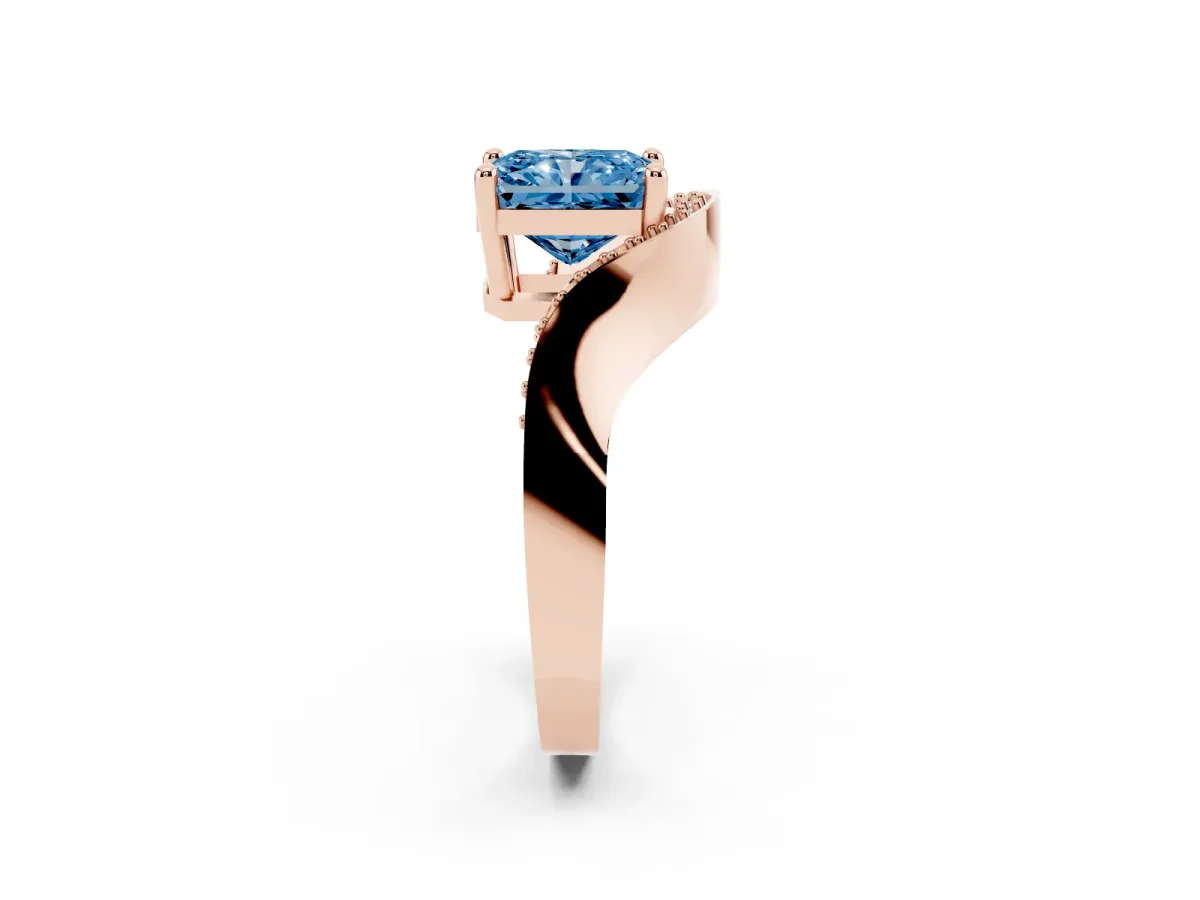 Fancy Blue Radiant Cut Solitaire Diamond Engagement Ring with Pave Band and Four-Prong Setting Rose gold