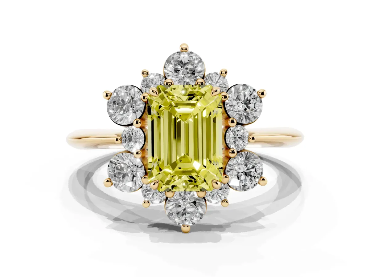 Fancy Yellow Emerald Cut Diamond Cluster Halo Ring with Solitaire Band and Four-Prong Setting Yellow gold