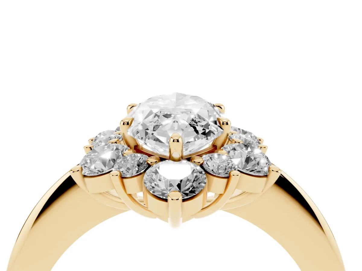 Marquise Cut Diamond Cluster Halo Ring with Solitaire Band and Four-Prong Setting Yellow gold