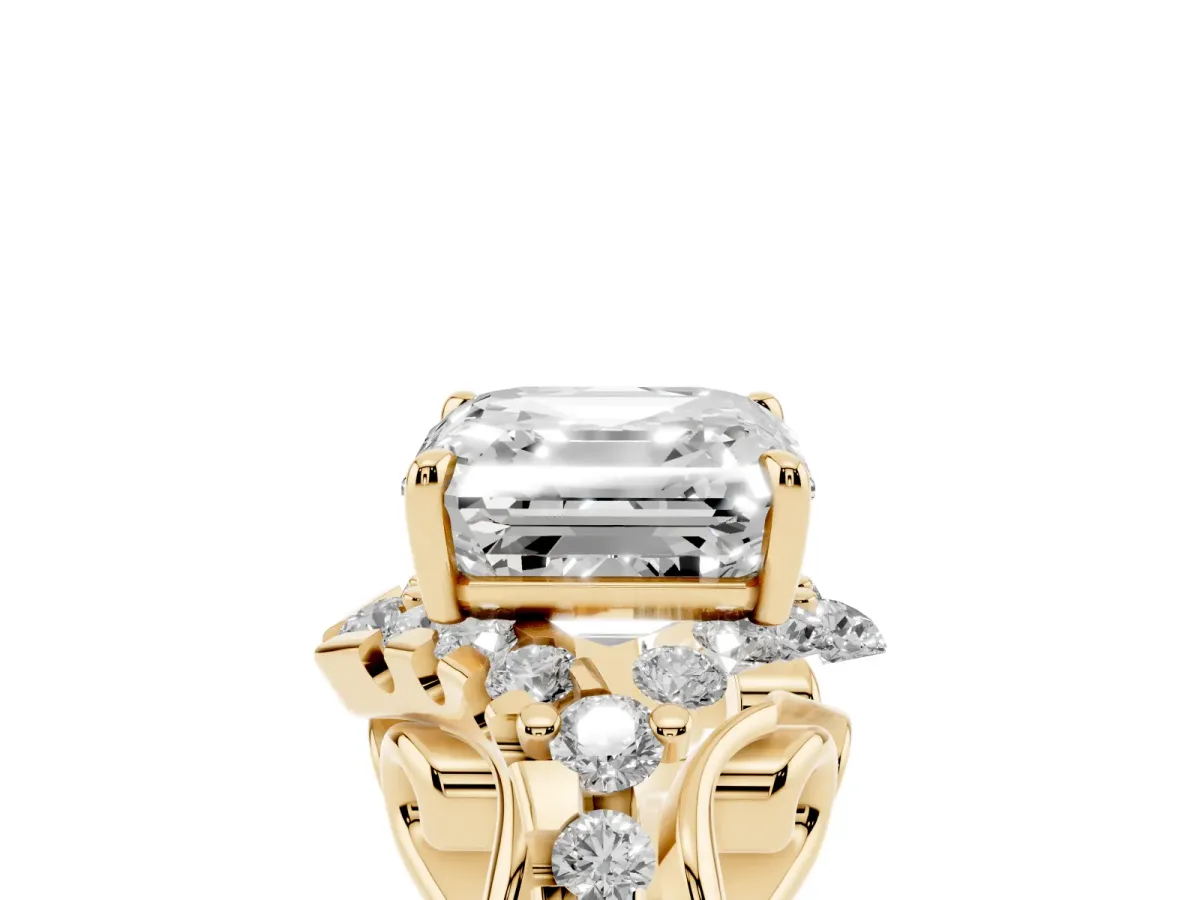 Asscher Cut Diamond Solitaire Ring with Hidden Halo and Pavé Band Yellow gold