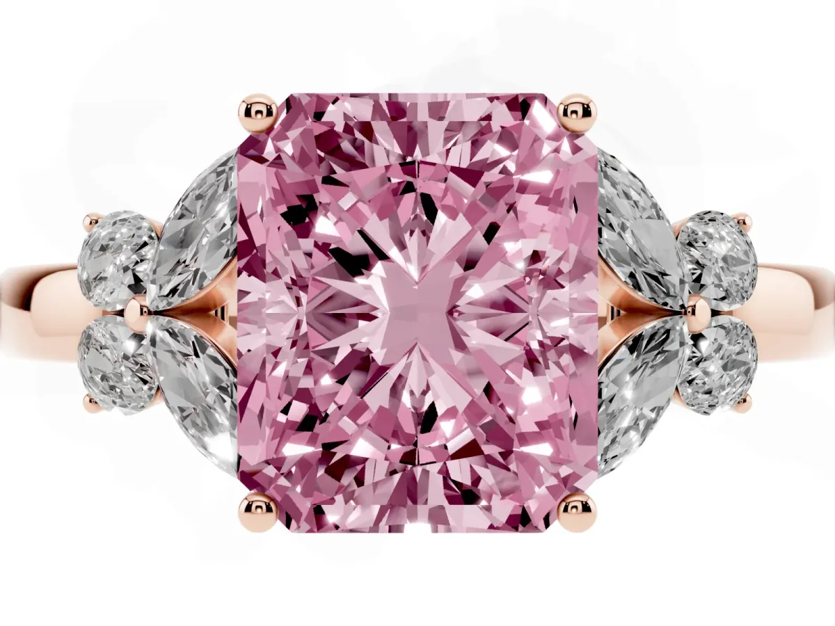 Fancy Pink Radiant Cut Cut Solitaire Floral Diamond Ring with Four-Prong Setting Rose gold