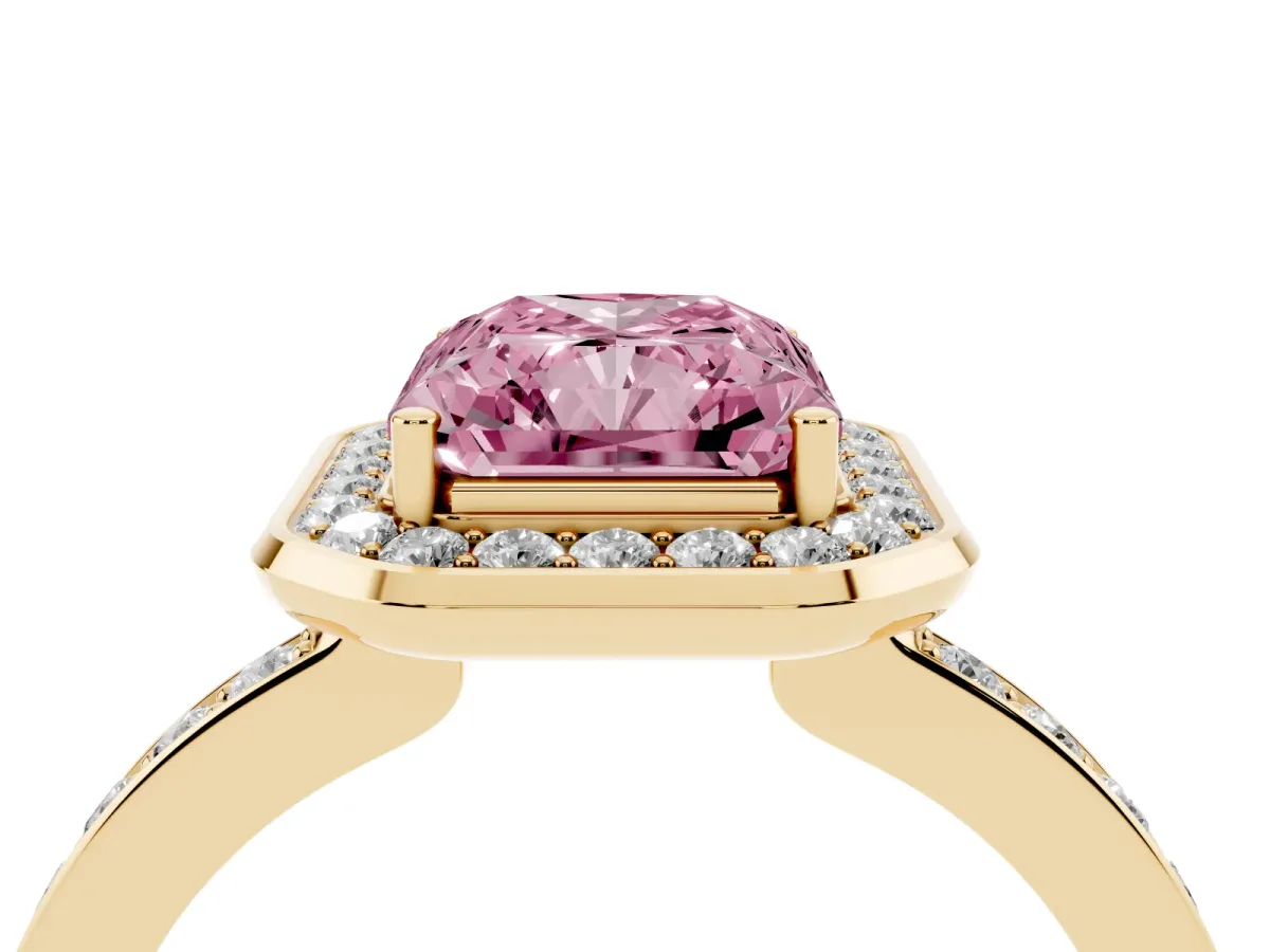 Fancy Pink Radiant Cut Diamond Halo Ring with Bezel Frame and Pavé Band Yellow gold