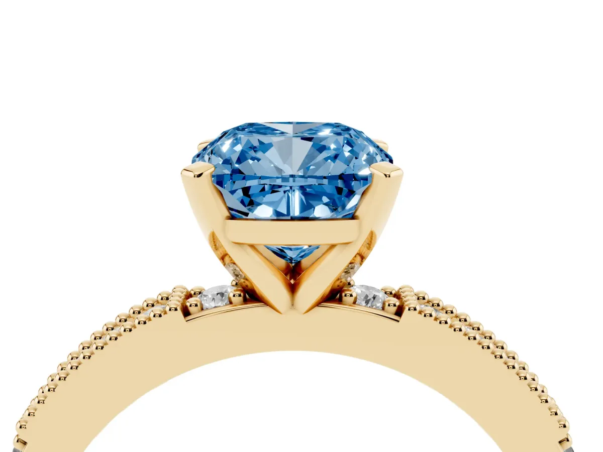 Fancy Blue Cushion Cut Solitaire with Pavé Band and Four-Prong Setting Yellow gold