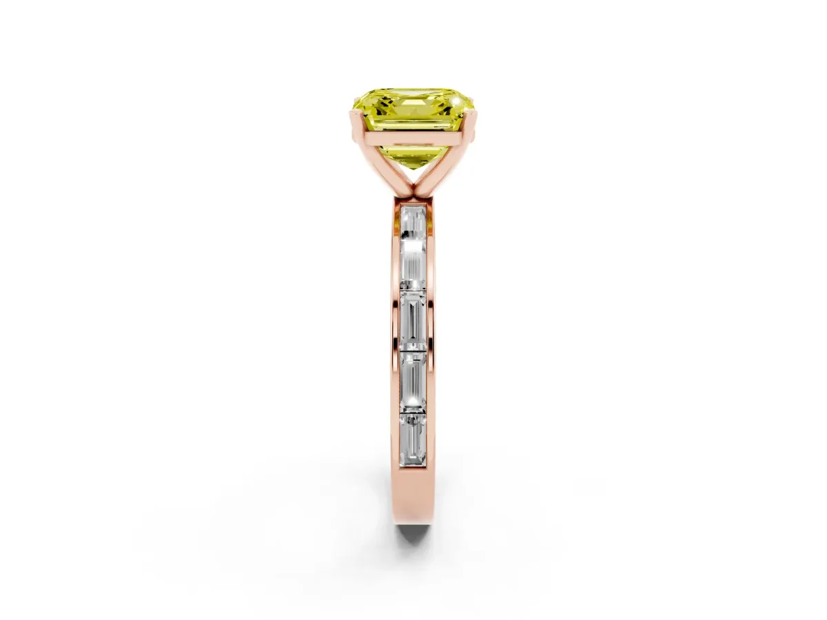 Fancy Yellow Asscher Cut Solitaire Diamond Ring with Channel-Set Baguette Band and Four-Prong Setting Rose gold