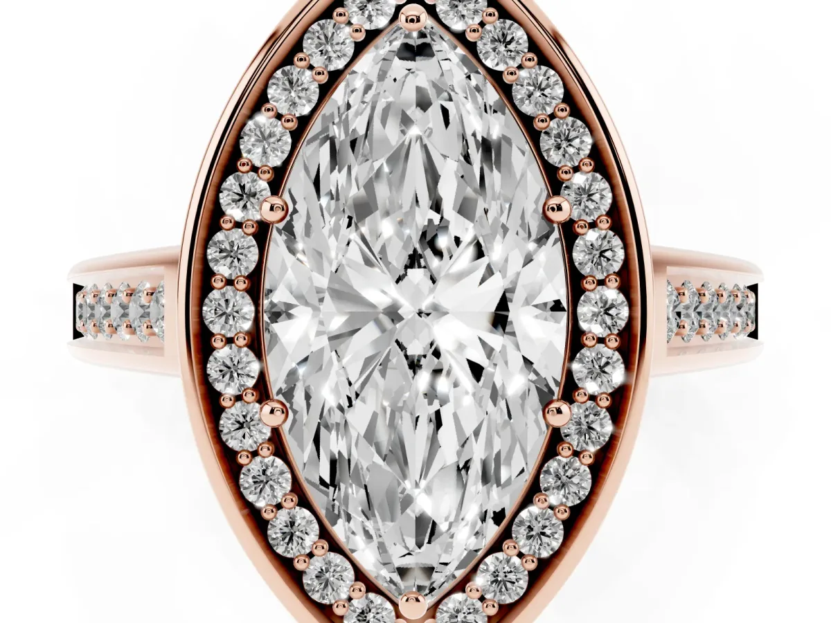 Marquise Cut Halo Solitaire Diamond Ring with Pave Band and Bezel Setting Rose gold
