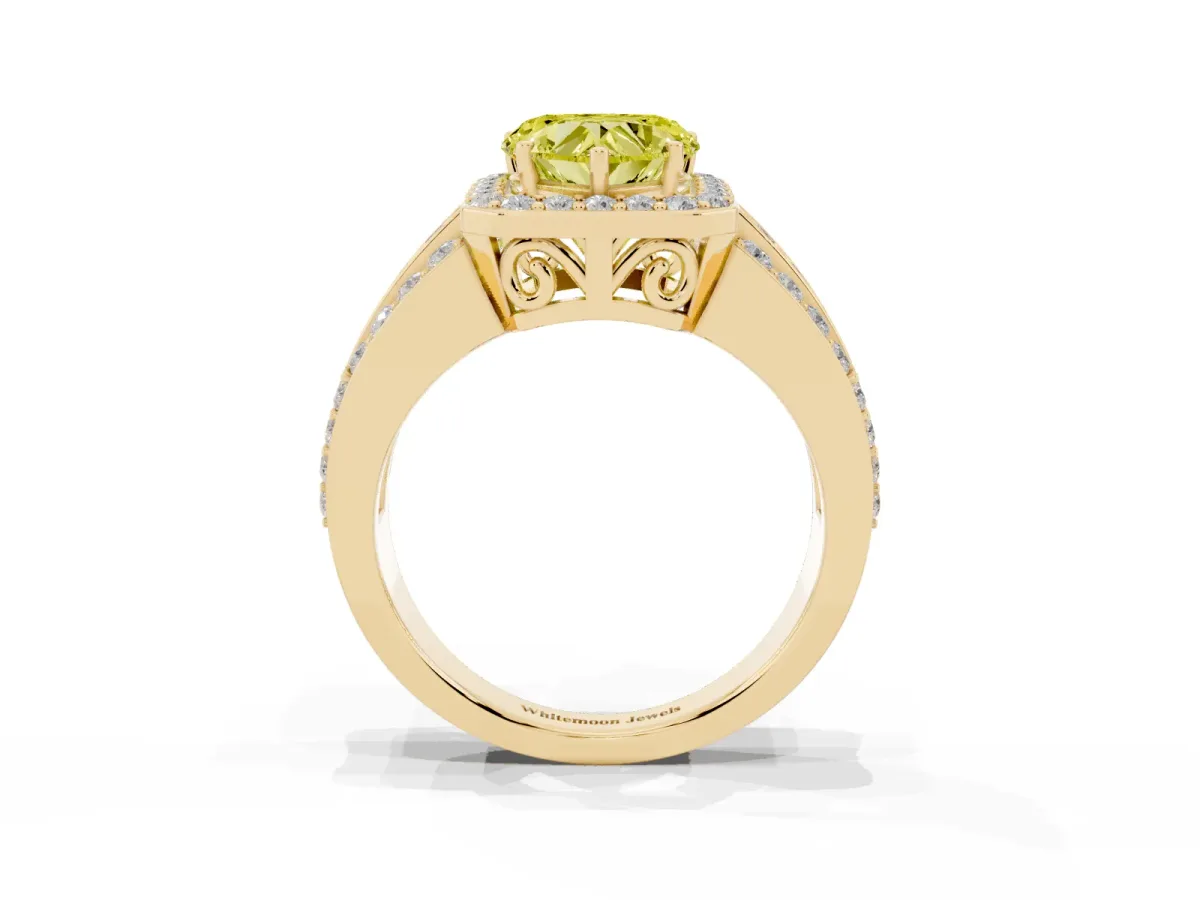 Fancy Yellow Heart Cut Halo Diamond Ring with Round Split Shank and Prong Setting Yellow gold