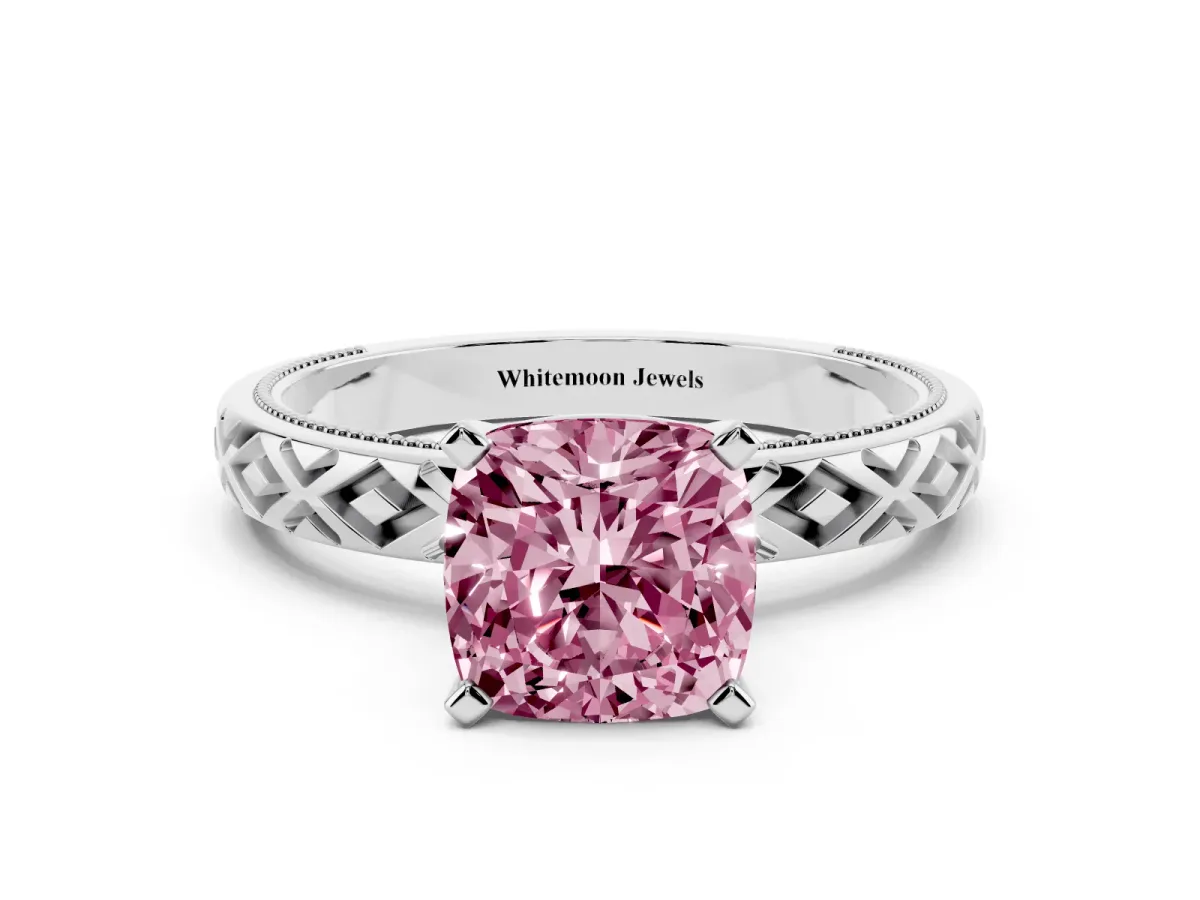 Fancy Pink Cushion Cut Solitaire Diamond Ring with Milgrain and Black Enamel X Pattern Band Silver