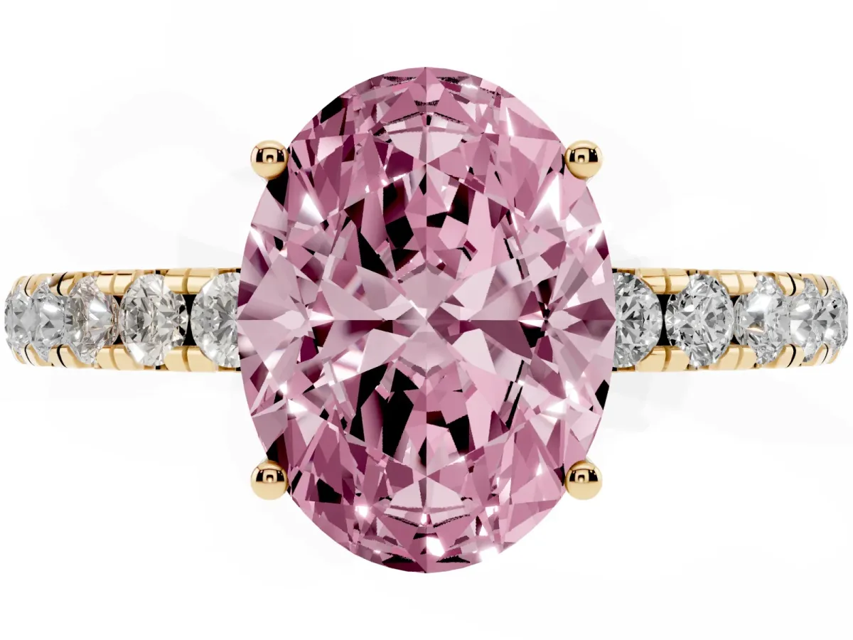 Fancy Pink Oval Cut Diamond Pavé Solitaire Engagement Ring with Four-Prong Setting Yellow gold