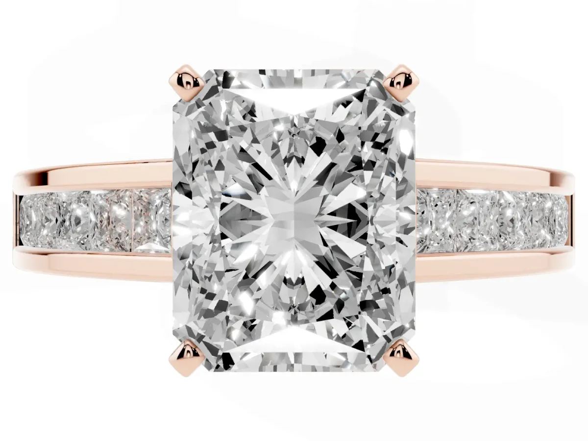 Radiant Cut Solitaire Diamond Ring with Channel-Set Band and Four-Prong Setting Rose gold