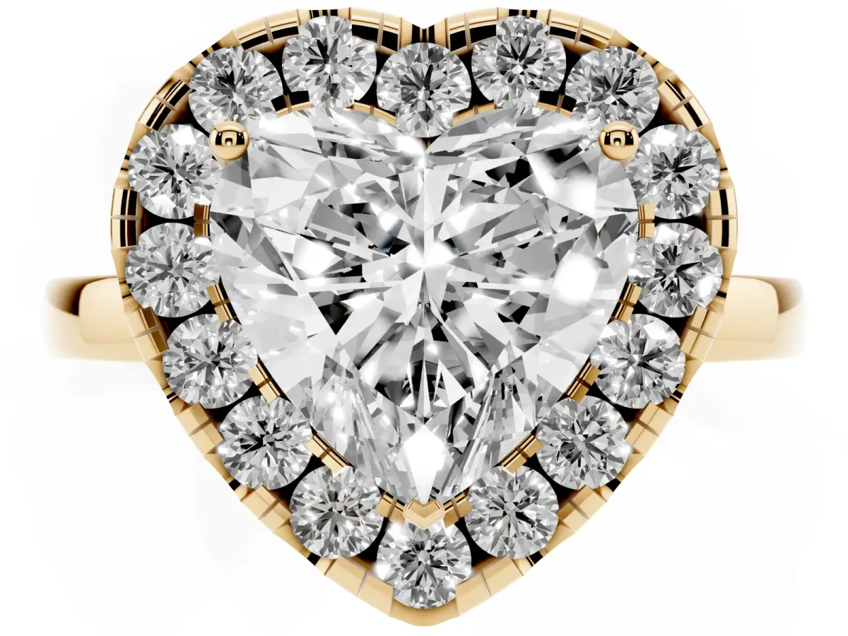 Heart Cut Halo Diamond Solitaire with Pavé Band and Four-Prong Setting Yellow gold