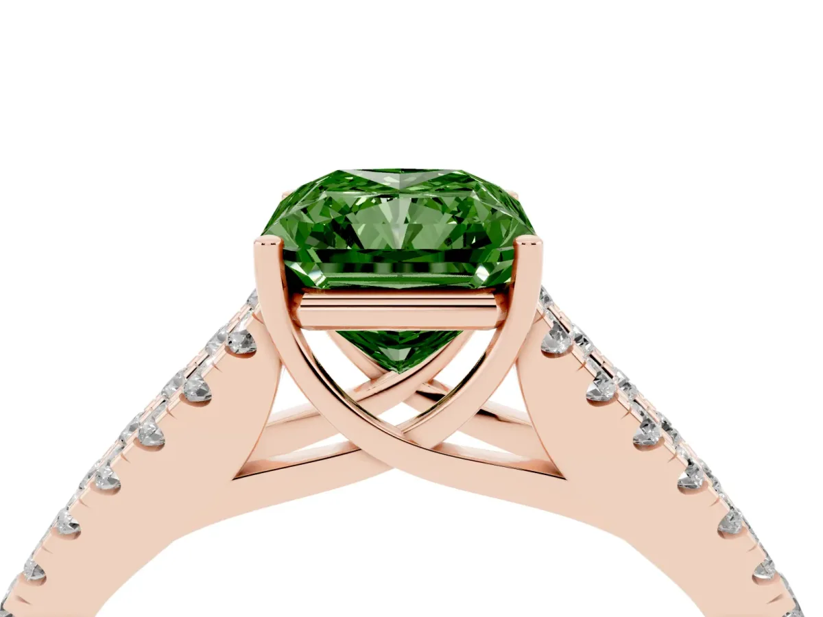 Fancy Green Radiant Cut Diamond Split Shank Pavé Engagement Ring with Four-Prong Setting Rose gold