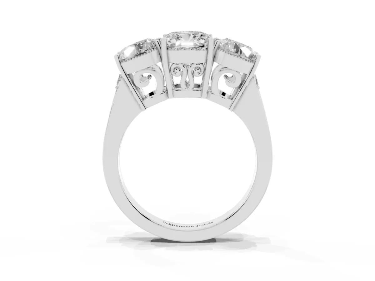 Three-Stone Cushion Cut Diamond Engagement Ring with Prong Setting on a Classic Band Silver
