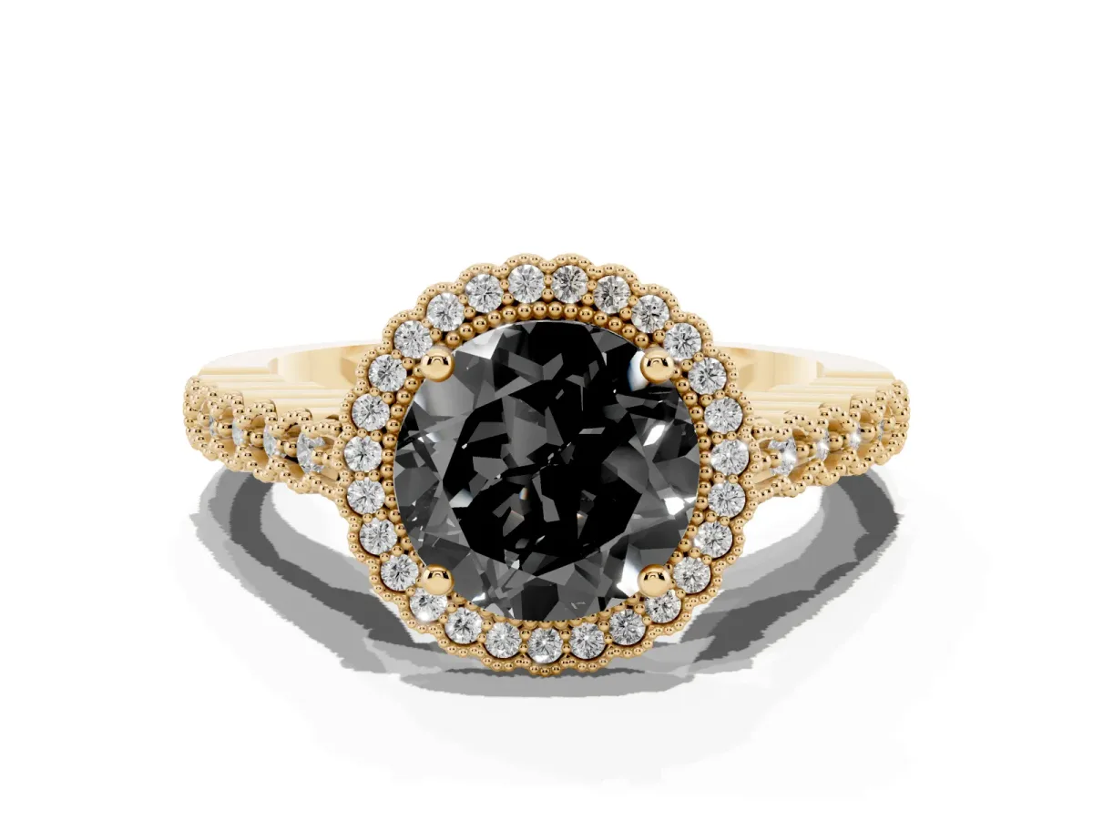 Fancy Black Round Cut Cut Halo Pavé Solitaire Ring with Milgrain Band Yellow gold