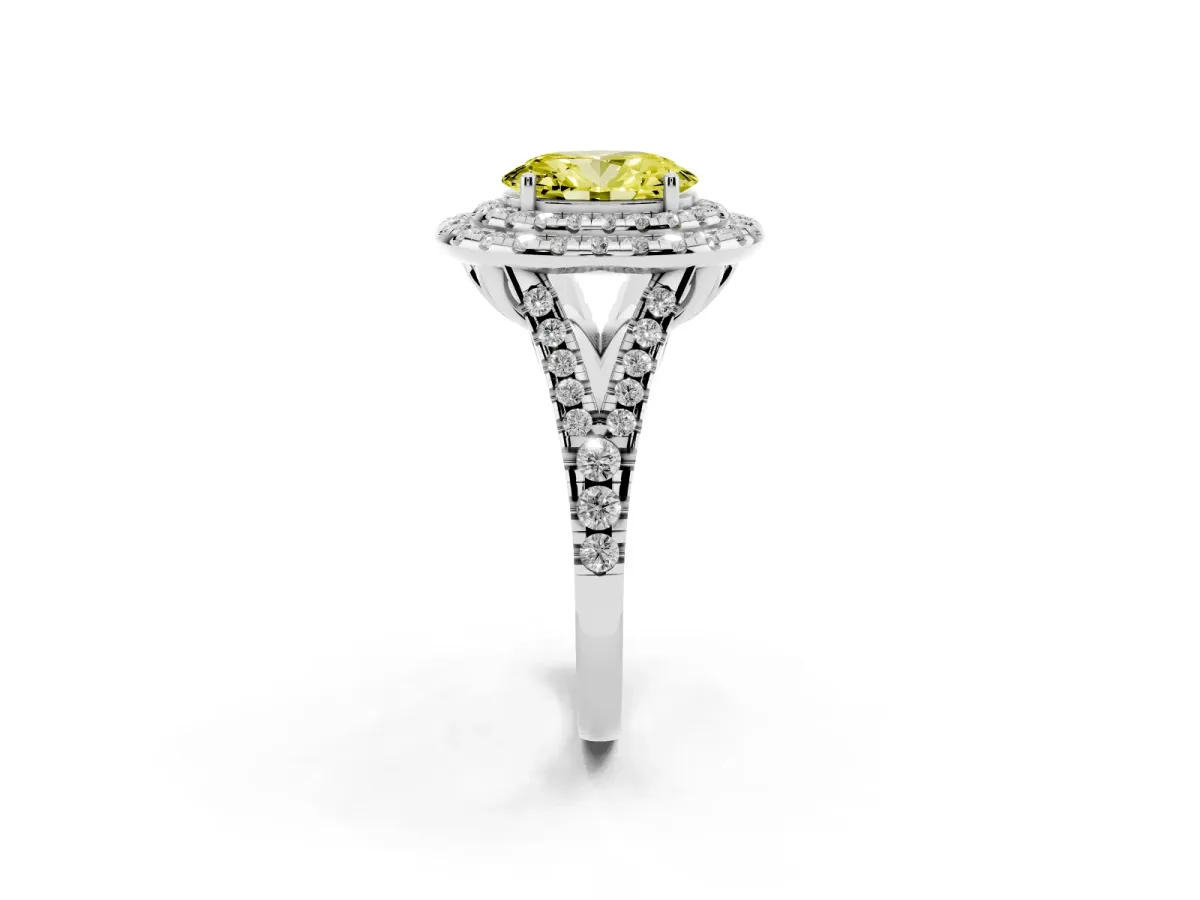 Fancy Yellow Double Halo Oval Cut Diamond Pavé Split Shank Ring with Prong Setting Platinum