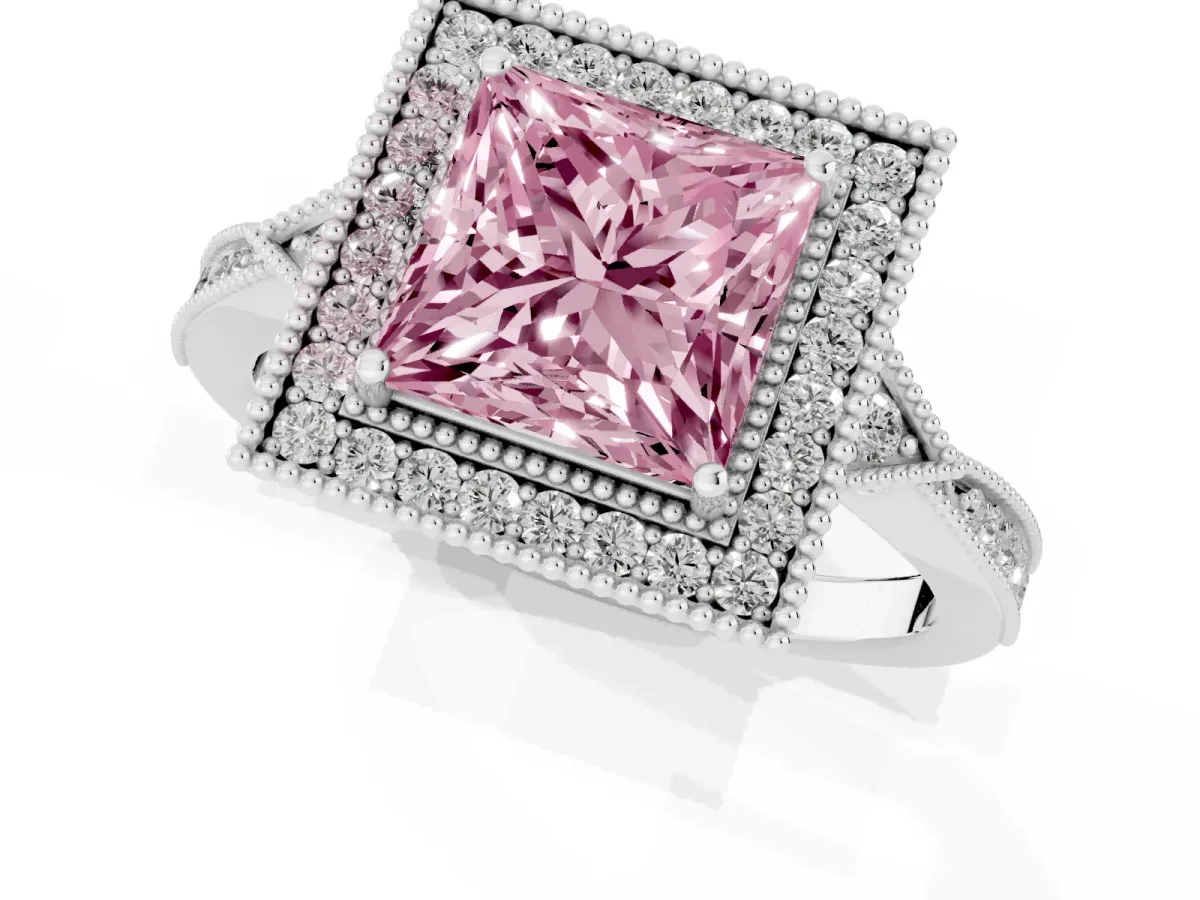 Fancy Pink Princess Cut Halo Round Diamond Milgrain Pave Engagement Ring White gold