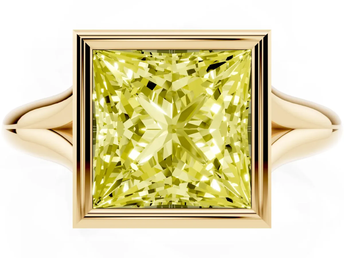 Fancy Yellow Bezel Set Princess Cut Solitaire Diamond Ring with Smooth Band Yellow gold
