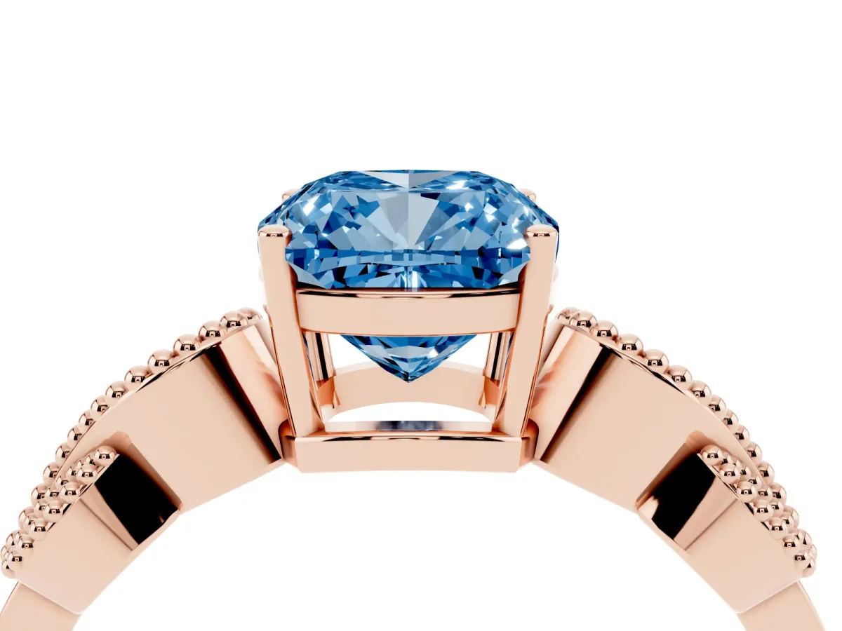 Fancy Blue Cushion Cut Solitaire Milgrain Leaf Band with Prong Setting Rose gold