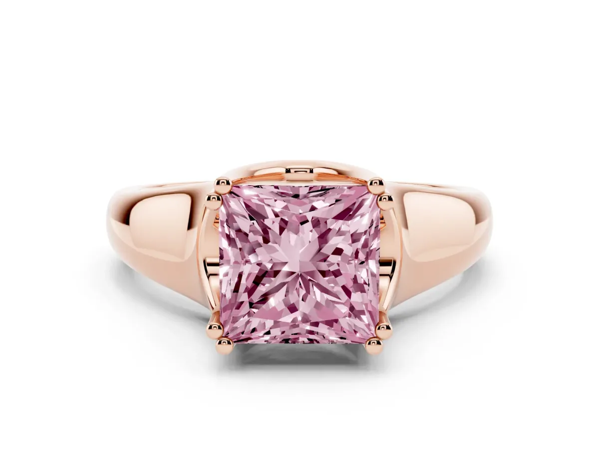 Fancy Pink Princess Cut Diamond Solitaire Ring with Wide Band and Prong Setting Rose gold