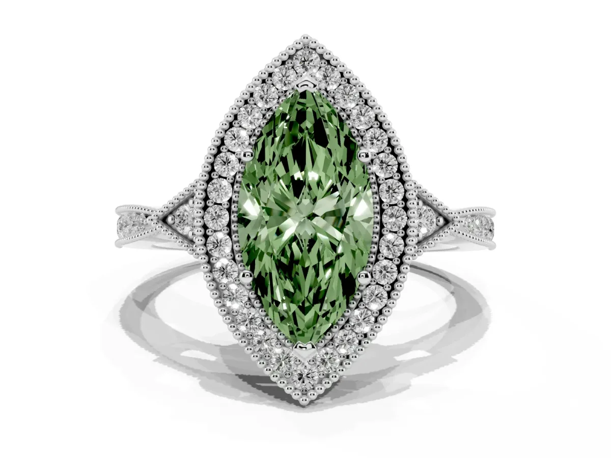 Fancy Green Marquise Cut Halo Round Diamond Milgrain Pave Engagement Ring Silver