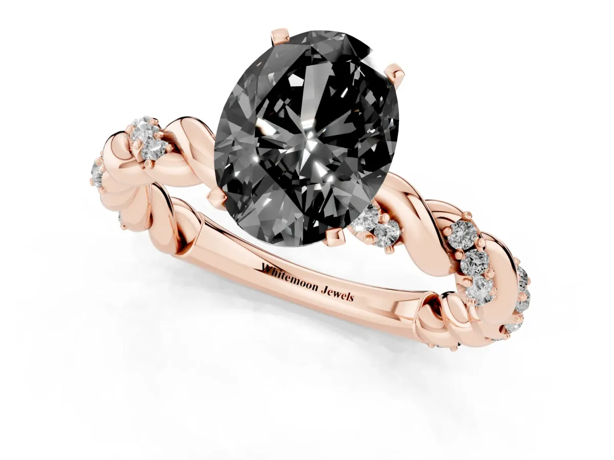 Fancy Black Oval Cut Diamond Solitaire Ring with Twisted Band and Pavé Accents Rose gold