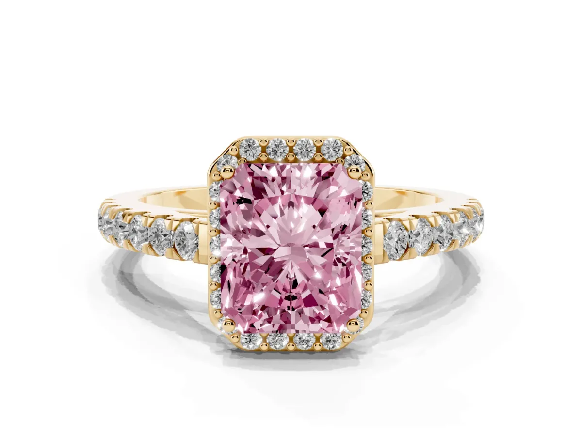 Fancy Pink Radiant Cut Cut Halo Diamond Engagement Ring with Pave Band and Four-Prong Setting Yellow gold