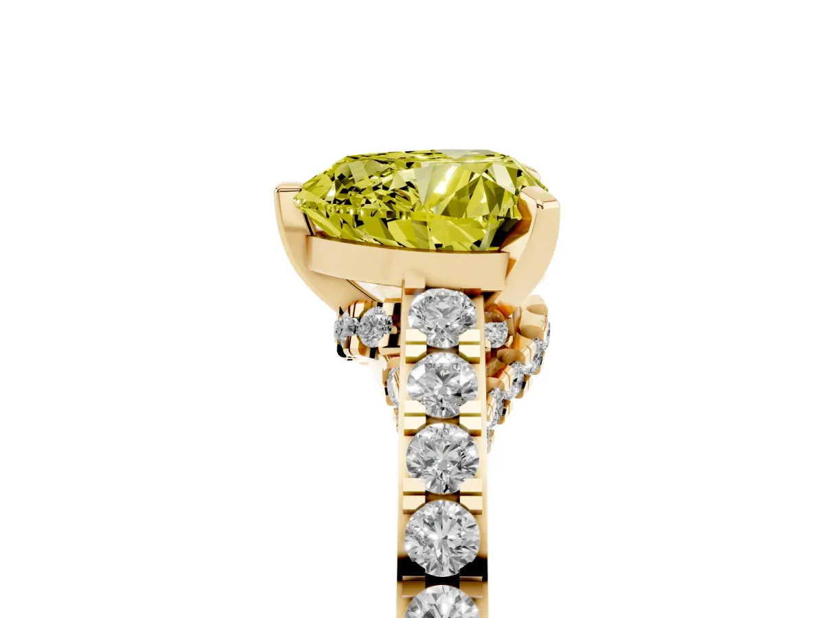 Fancy Yellow Heart Cut Diamond Solitaire Ring with Crossover Gallery and Round Pavé Band Yellow gold