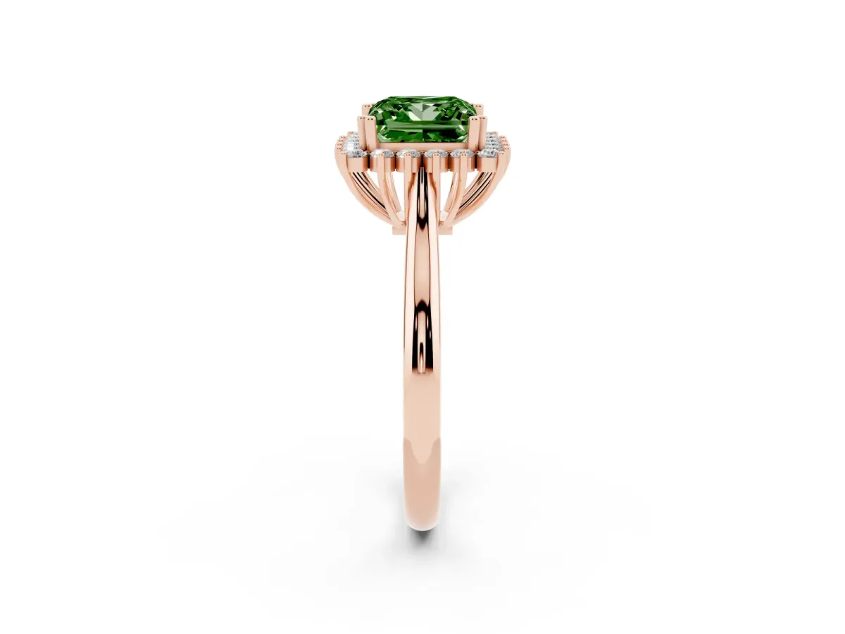 Fancy Green Princess Cut Cut Diamond Halo Ring with Solitaire Band and Prong Setting Rose gold