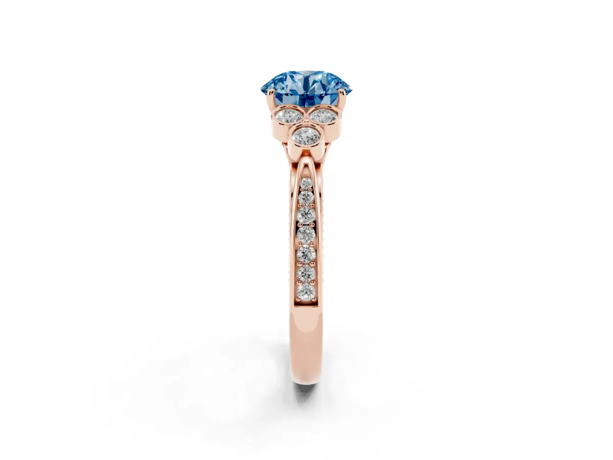 Fancy Blue Round Cut Cut Diamond Engagement Ring with Bezel Set Round Side Stones and Prong Setting Rose gold