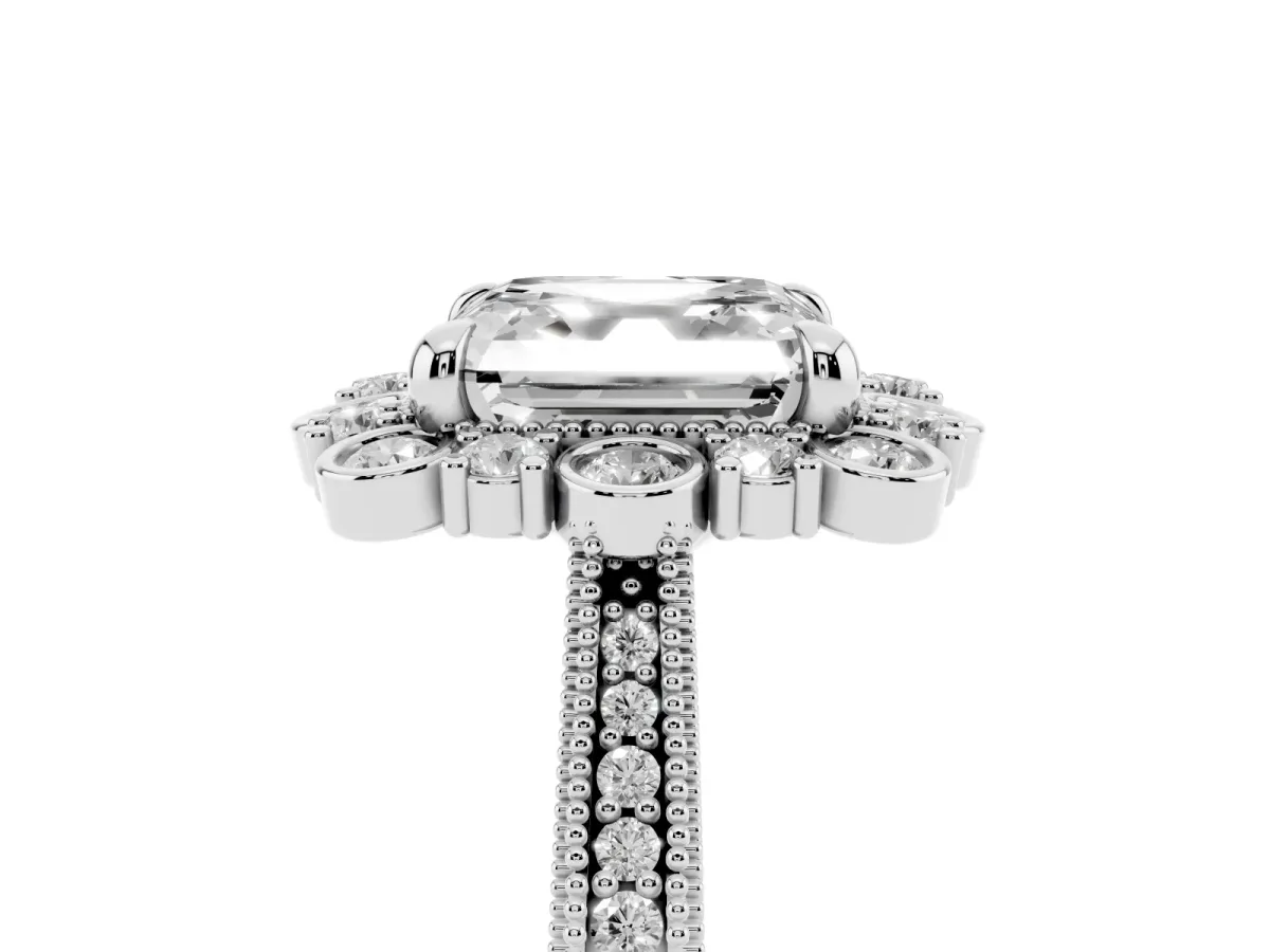 Asscher Cut Halo Milgrain Pave Diamond Ring with Four-Prong Setting Silver