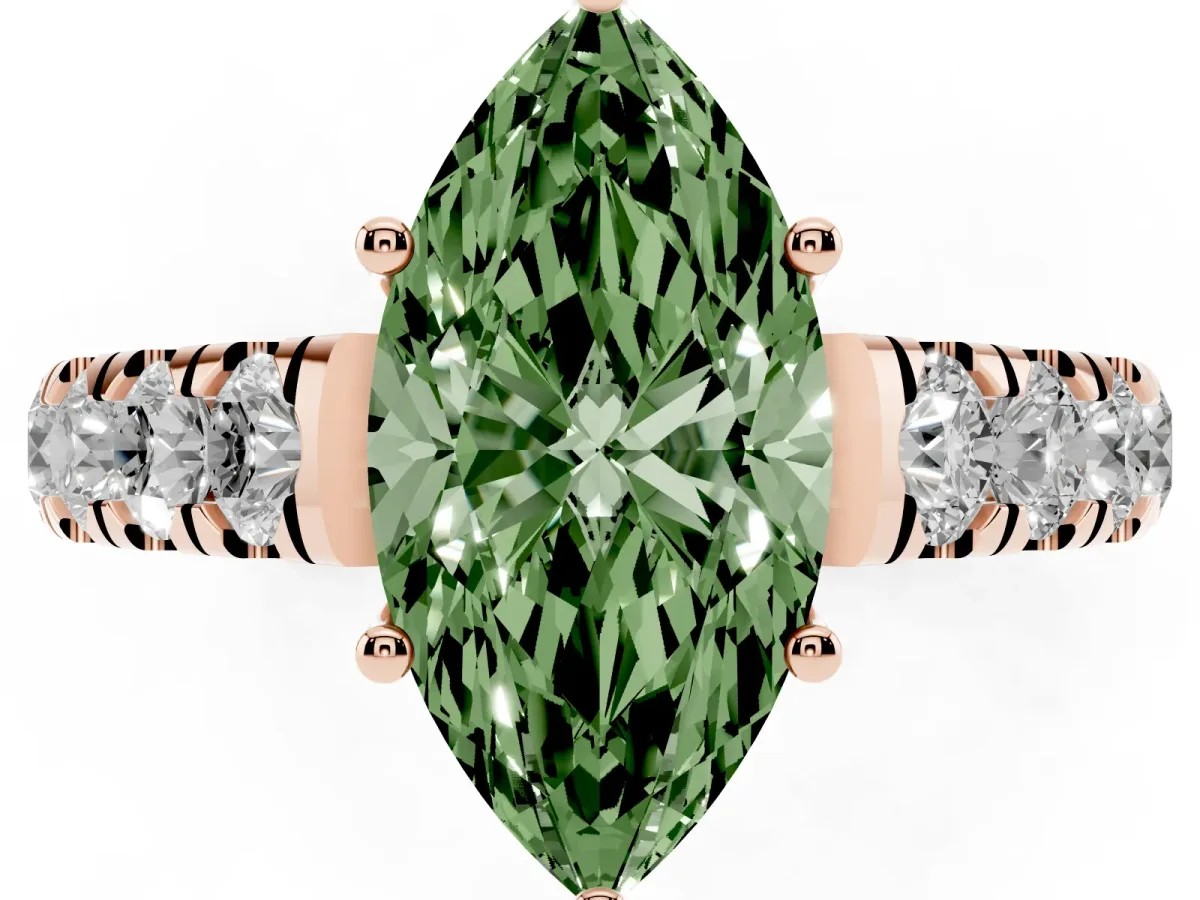 Fancy Green Marquise Cut Cut Diamond Solitaire Ring with Micro Pave Band and Prong Setting Rose gold