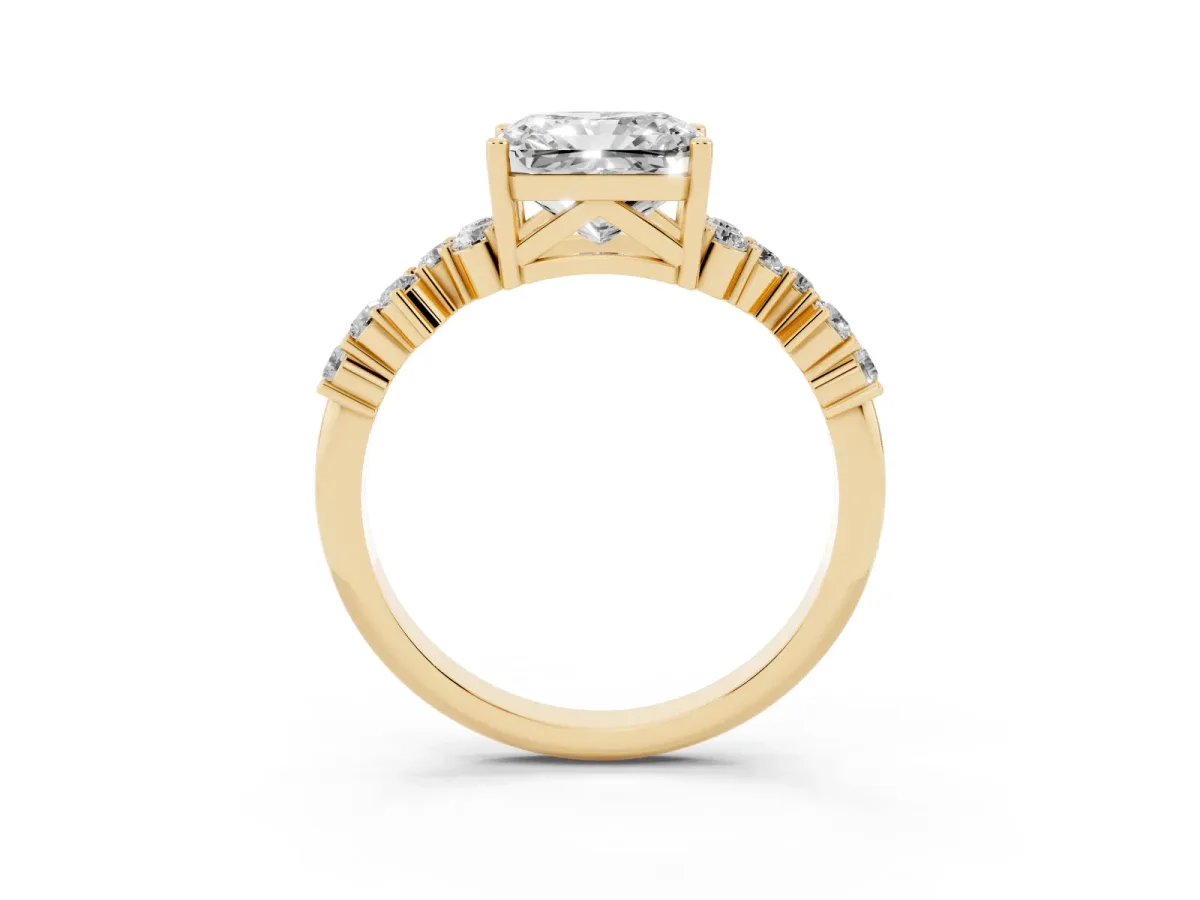 Radiant Cut Diamond Scattered Round Accent Ring with Prong Setting Yellow gold