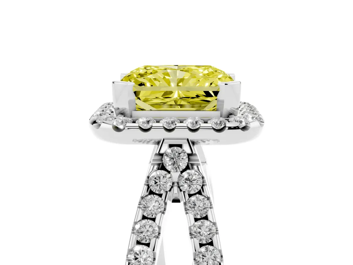 Fancy Yellow Radiant Cut Diamond Halo Ring with Split Shank Pavé Band and Prong Setting Silver