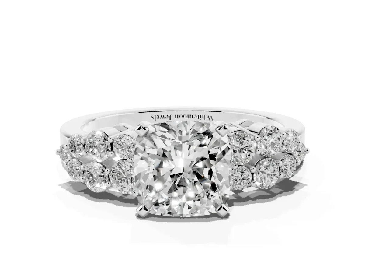 Cushion Cut Cluster Diamond Engagement Ring with Pavé Band and Four-Prong Setting Silver