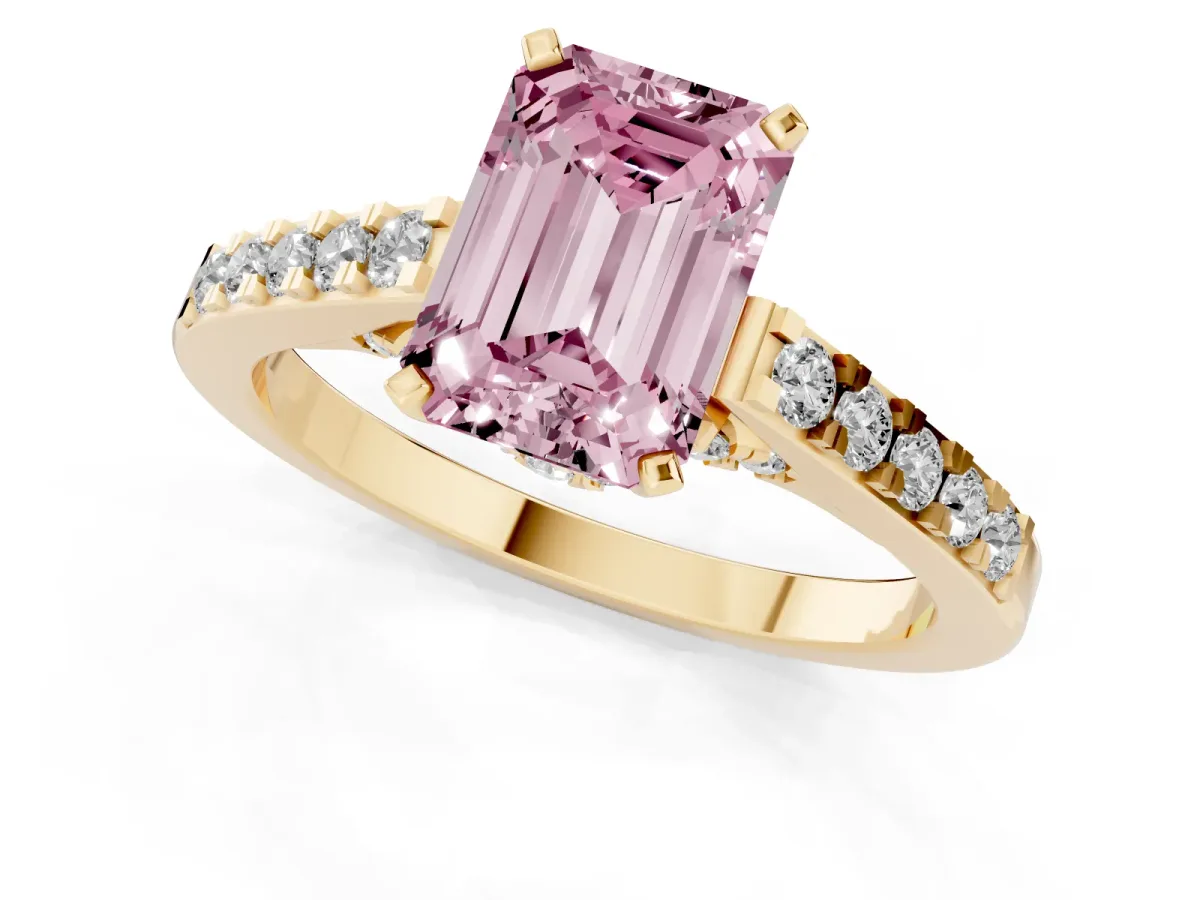 Fancy Pink Emerald Cut Diamond Solitaire Ring with Crossover Gallery and Round Pavé Band Yellow gold