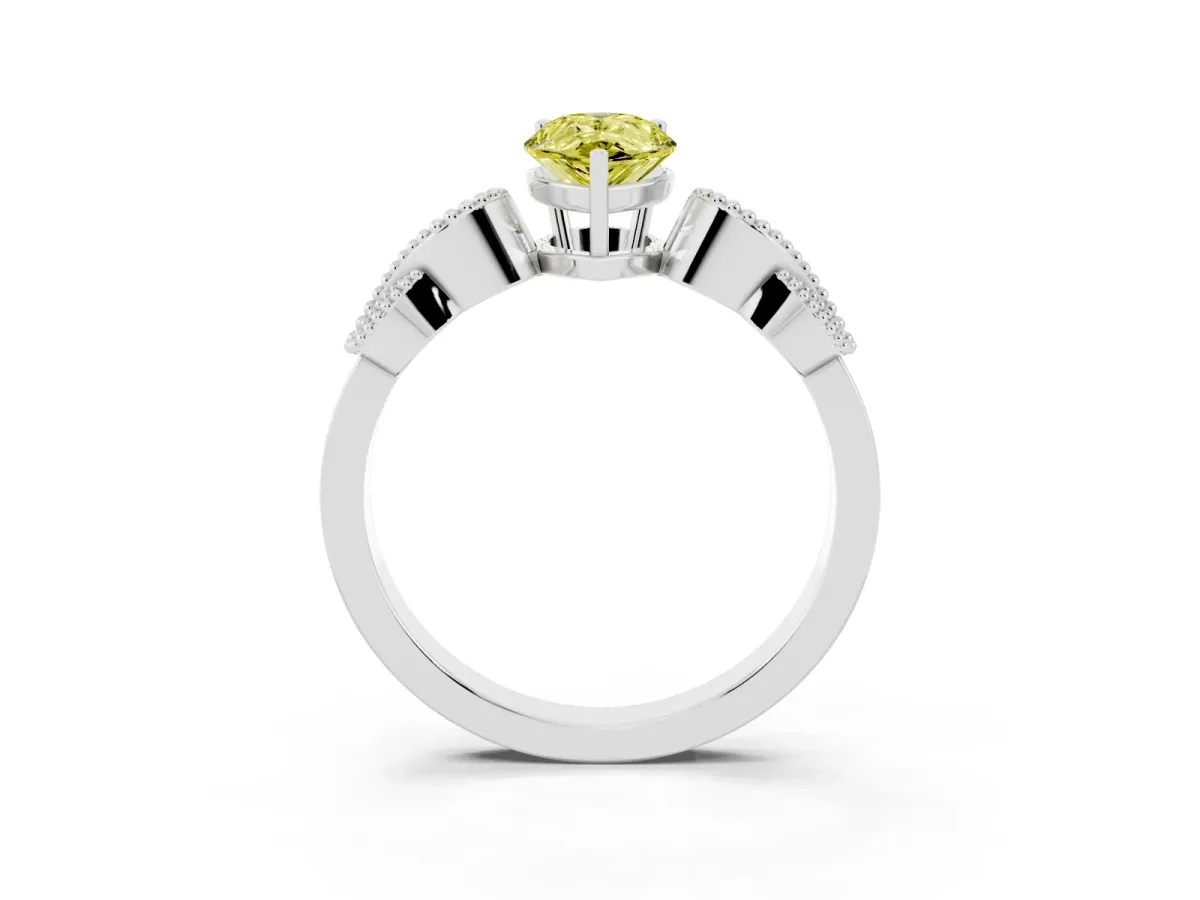Fancy Yellow Pear Cut Solitaire Milgrain Leaf Band with Prong Setting White gold