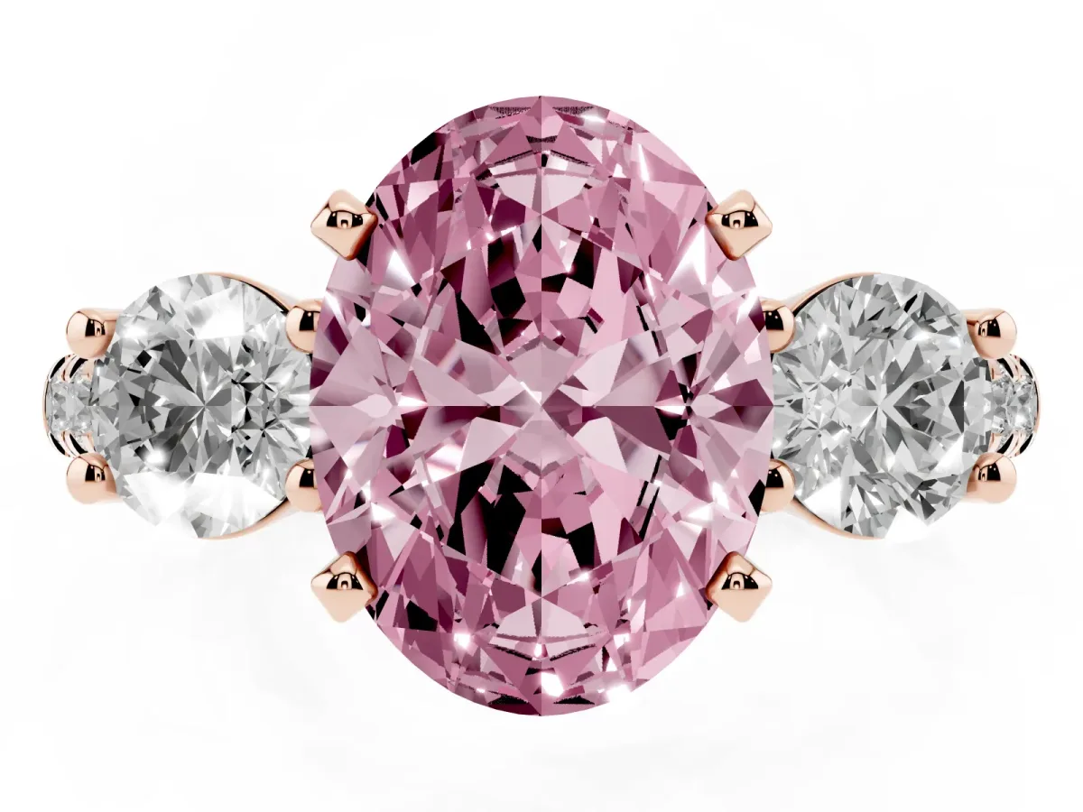 Fancy Pink Three-Stone Oval Cut Diamond Pavé Band with Four-Prong Setting Rose gold