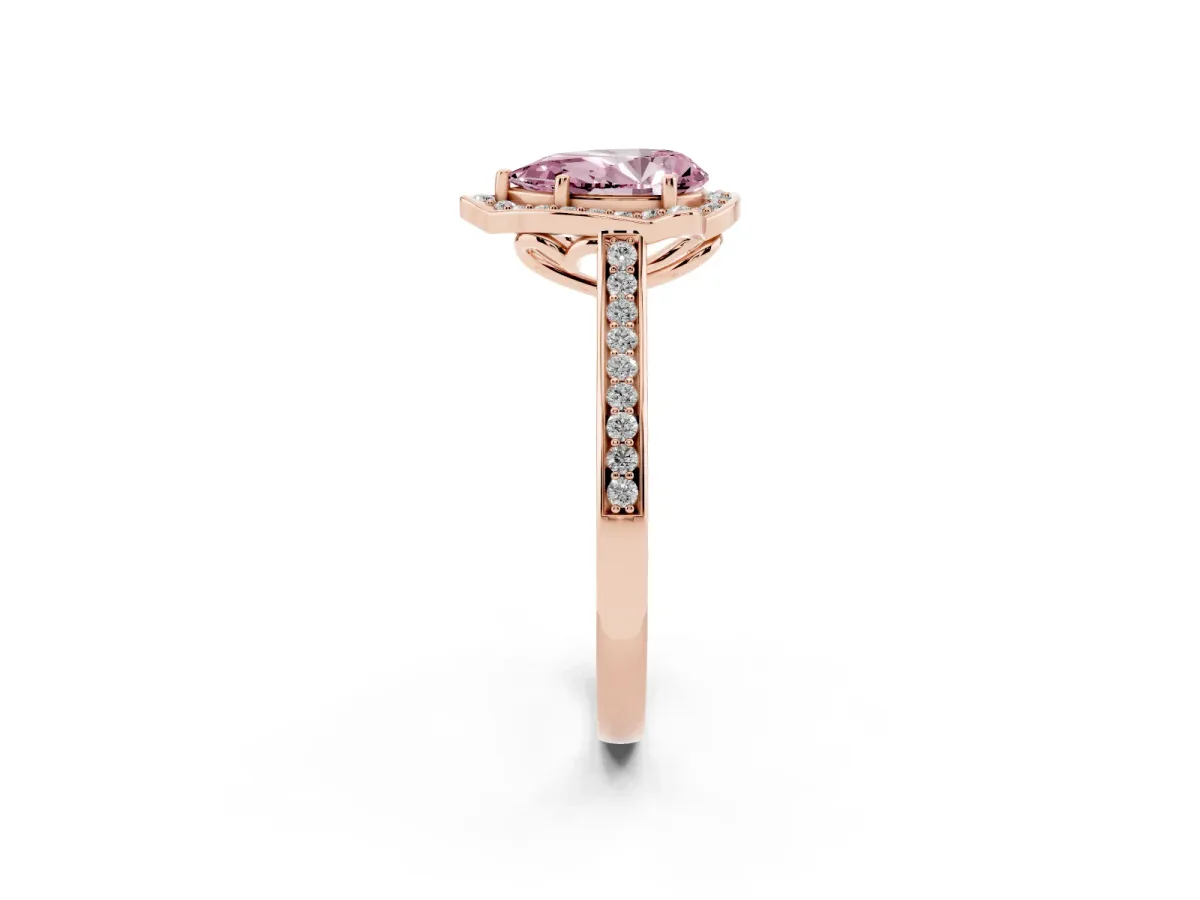 Fancy Pink Pear Cut Halo Round Diamond Pave Band with Four-Prong Setting Rose gold