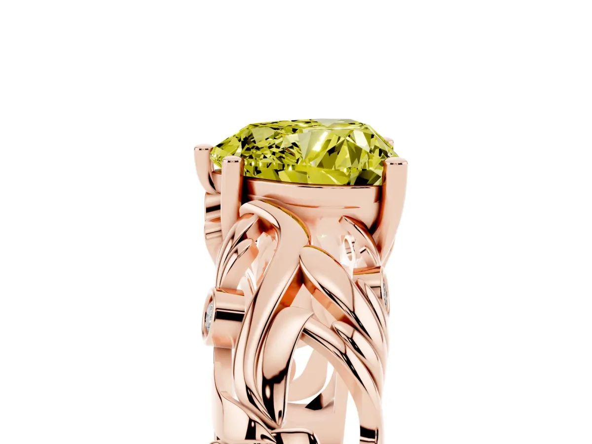 Fancy Yellow Heart Cut Solitaire Diamond Leaf-Inspired Vine Band Ring with Prong Setting Rose gold