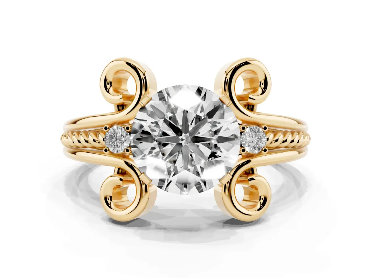 Round Cut Solitaire Twisted Band Scroll Prong Ring Yellow gold