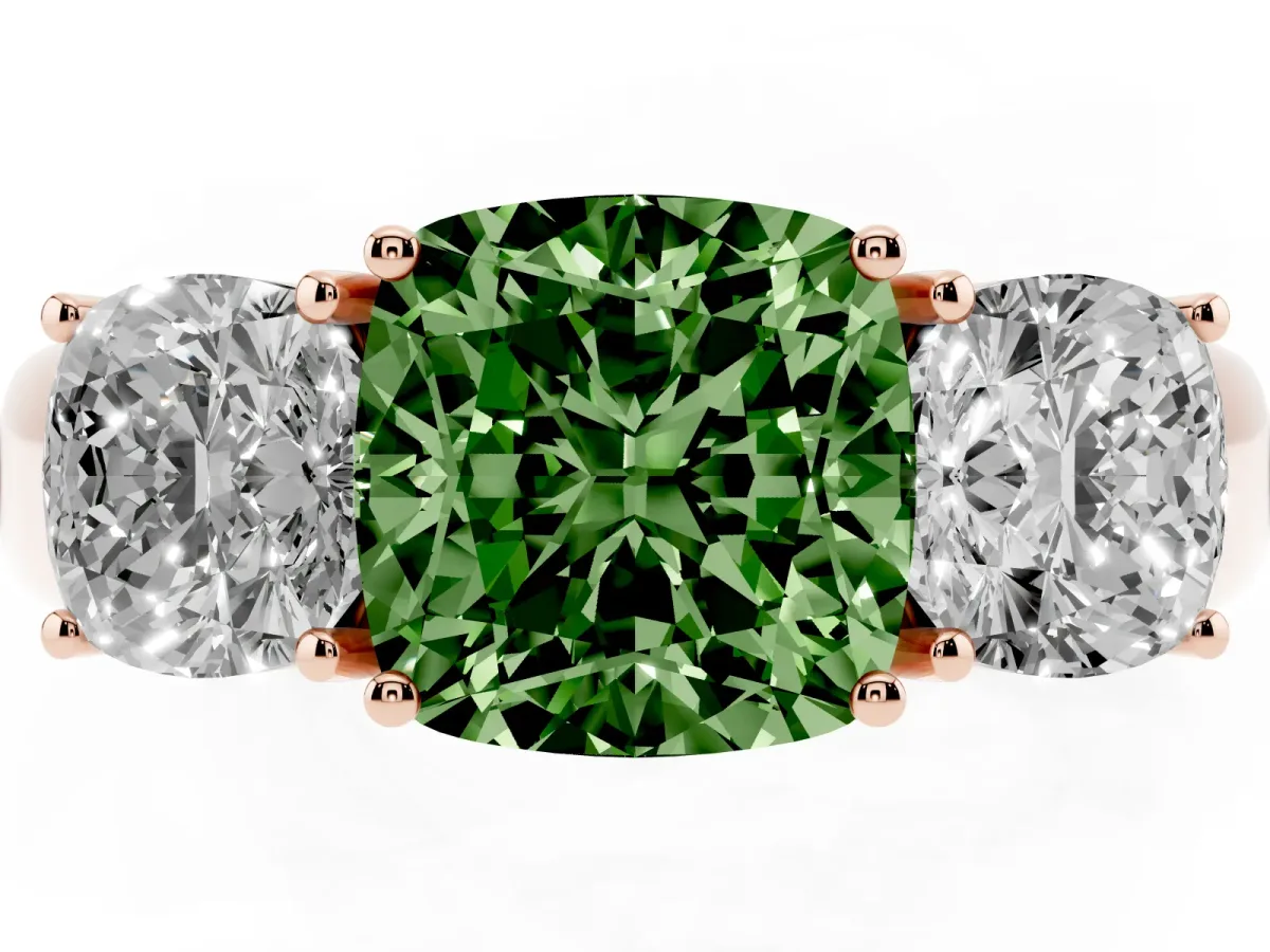 Fancy Green Three-Stone Cushion Cut Cut Diamond Ring with Prong Setting and Classic Band Rose gold