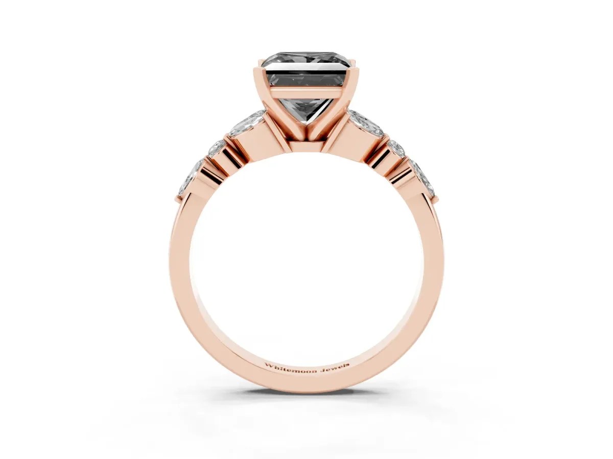 Fancy Black Princess Cut Diamond Solitaire Ring with Side Stones and Four-Prong Setting Rose gold
