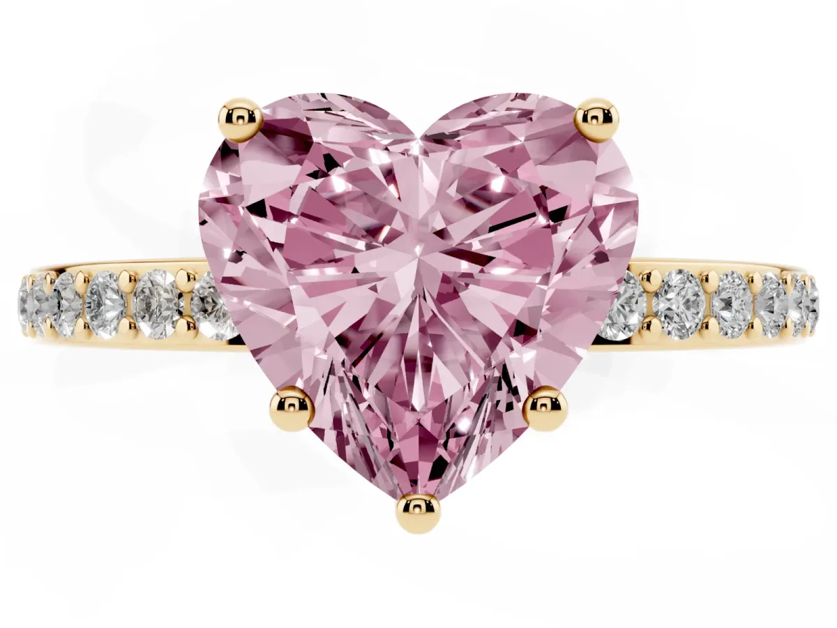 Fancy Pink Heart Cut Cut Diamond Pavé Band Ring with Four-Prong Setting Yellow gold